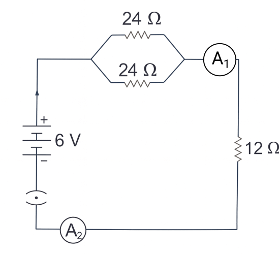 circuit diagram showing parallel combination with two ammeters