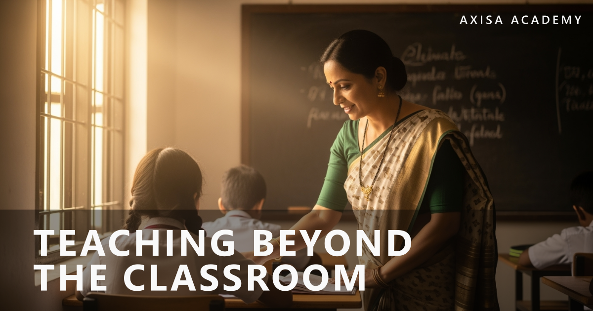 Teacher smiling and guiding a student in a classroom with sunlight, featuring Axisa Academy branding and the title “Teaching Beyond the Classroom”