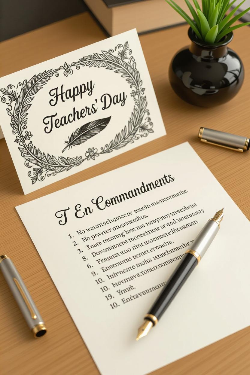 Teachers’ Day greeting card on a wooden desk beside a handwritten letter titled “Ten Commandments,” showing a numbered list 1–10 with inspirational teaching principles.
